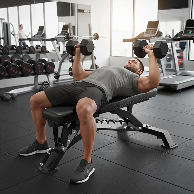 RitFit Adjustable/Foldable Utility Weight Bench for Home Gym | Incline Decline Flat, Multi-Position Backrest & Seat, Full Body Strength Training with Heavy Duty Steel Frame, Foldable