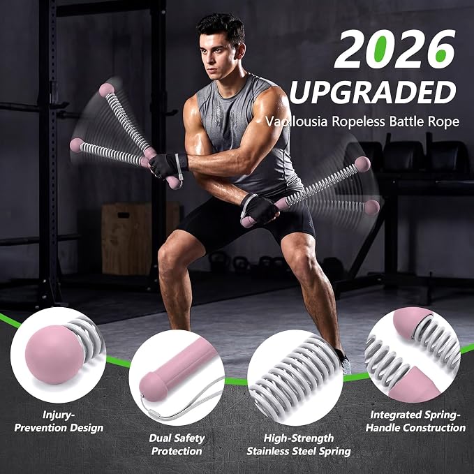 2026Upgraded Weighted Ropeless Battle Ropes for Home Gym&Travel - 2Pack 4MM Steel Spring Cordless Portable Battle Ropes, Exercise Rope Sticks for HIIT, Strength&Cardio, Pink