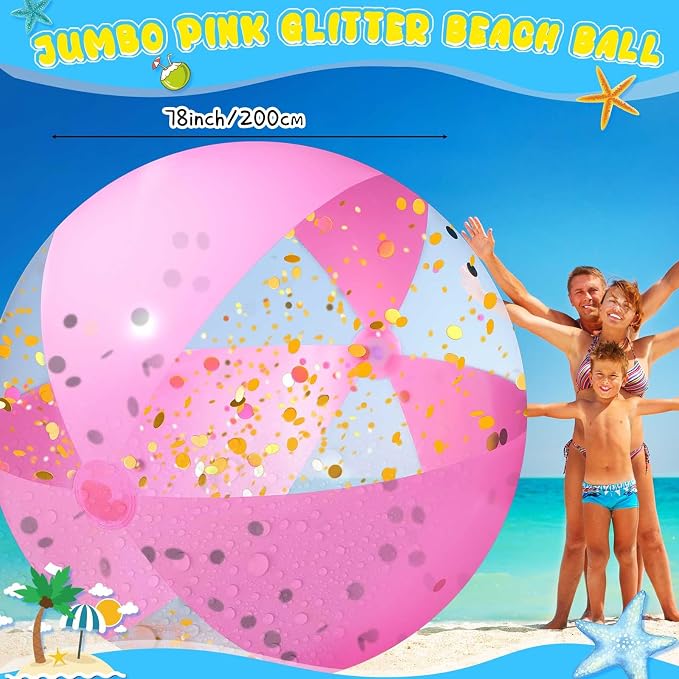 Sosation 78 Inch Giant Pink Inflatable Beach Ball 6.5 ft Large Glitter Beach Ball UV Resistant Jumbo Swimming Balls Clear Confetti with Repair Tape Floatable Balls for Swimming Pool Party Decor