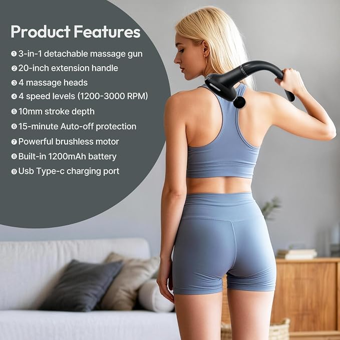 2-in-1 Detachable Massage Gun - Deep Tissue with Extension Handle, Back & Neck Pain Relief, Handheld Percussion Massager for Shoulder, Leg, Waist
