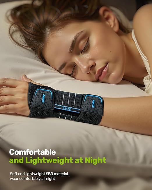 Rakiie Carpal Tunnel Wrist Brace, Adjustable Night Wrist Support with 3 Metal Splints, Hand Brace for Men Women No Pressure on Thumb, Splint Stabilizer for Work, Arthritis (Left Hand, Blue, Large)