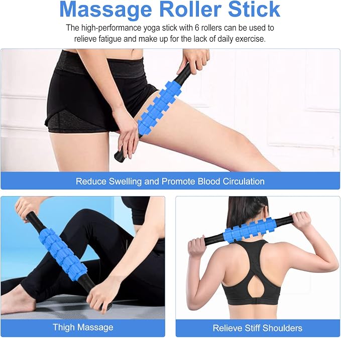 Aucuu 5 in 1 Foam Roller Set Includes Hollow Core Massage Roller, Yoga Stick, Massage Ball, Fitness Stretching Strap, Massage Roller, Carrying Bag, Towel (Blue)
