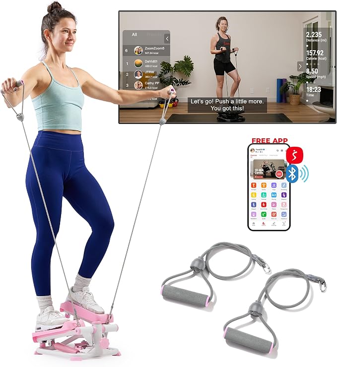 Sunny Health & Fitness Mini Stair Stepper w/Resistance Bands for Home Gym | Full Body Cardio, Adjustable Step Height, Hydraulic Resistance, LCD Meter, No Assembly, 300 lb Capacity, SunnyFit App