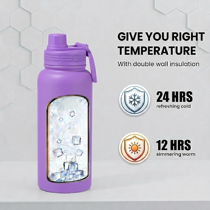 Purple Insulated 32 oz Metal Leakproof Water Bottle | Mens Stainless Steel Water Flask, Large Sports Travel Water Bottle for Gym,Hiking,1 liters Thermal Bottle with 2 Lids