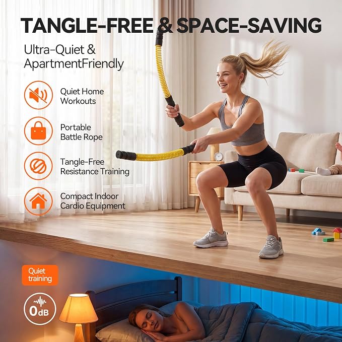 Ropeless Battle Ropes for Home Gym, 3 Adjustable Resistance, Heavy Duty Cordless Battle Ropes for HIIT, Full Body Workout, Men & Women, Yellow