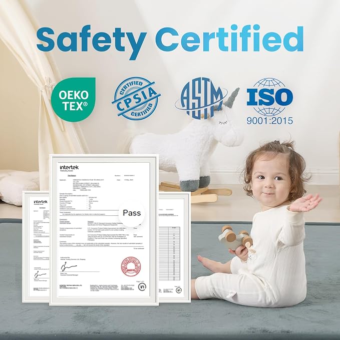 1.3" Thick Baby Floor Play Mat, 59x79 Padded Foam Tummy Time Crawling Mat, Non-Slip Water-Repellent Soft Plush Nursey Area Rug for Playroom Living Room (Light Gery)