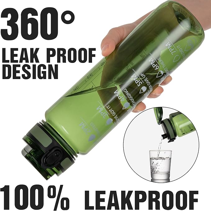 OLDLEY Water Bottle, 32oz Motivational Sports Water Bottle with Time Marker - Times to Drink - Tritan, BPA Free, Wide Mouth Leakproof,Olive