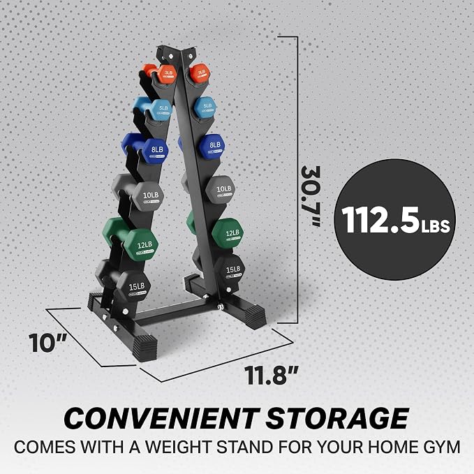 HolaHatha 1, 2 and 3 lb Neoprene Dumbbell Strength Training Weight Set with Rack
