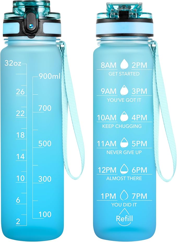 OLDLEY Water Bottle, 32oz Motivational Sports Water Bottle with Time Marker - Times to Drink - Tritan, BPA Free, Wide Mouth Leakproof,Luca