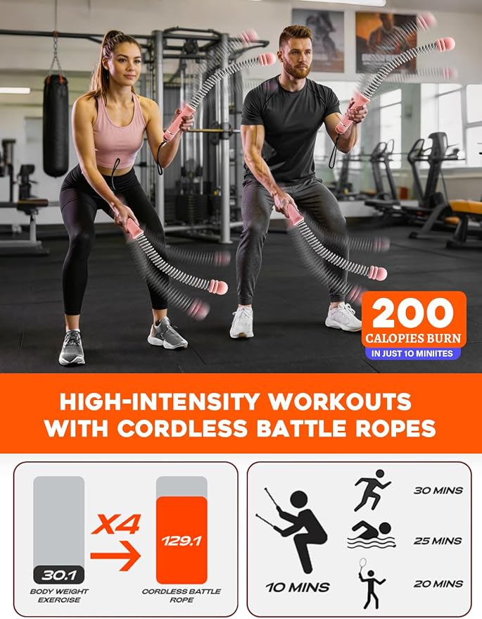 Cordless Battle Ropes 2 Pack Adjustable Weight Portable Ropeless Battle Ropes for Home Gym Full Body Workout with Non Slip Handle and Training Poster for HIIT Cardio Strength Training Men Women,Pink