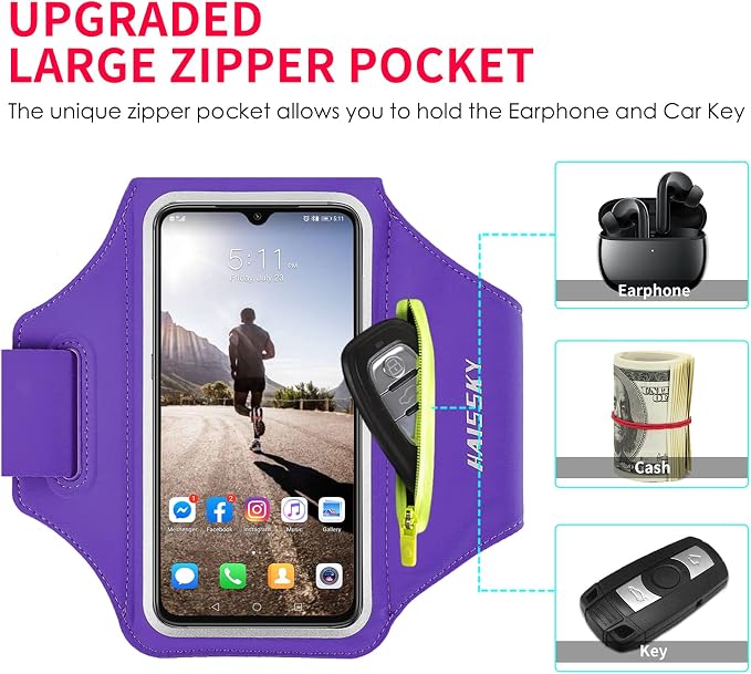 Running Armband with Earphone Pouch Fits Phones up to 6.9" | Cell Phone Armband for iPhone, Water Resistant & Breathable Sports Phone Holder & Zipper Pocket Car Key Holder for Jogging
