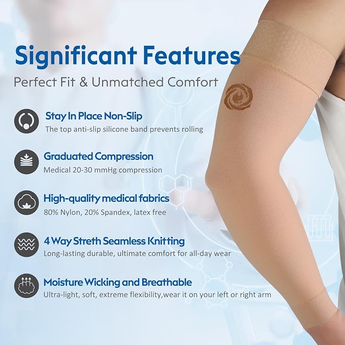 NURCOM Compression Arm Sleeve, 20-30 mmHg, With Silicone, Beige XL | For Lymphedema, Lipedema, Pain Relief, Edema, Swelling, Post Surgery Recovery, 2 Pack