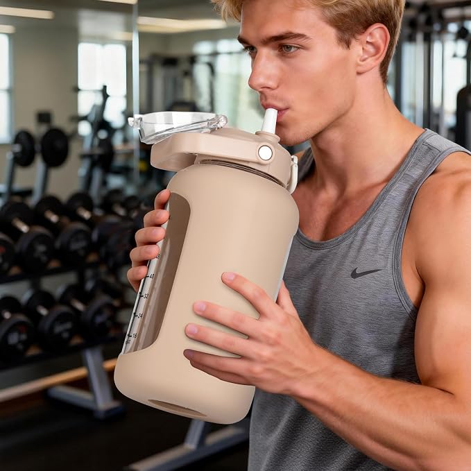 84oz Glass Water Bottle with Straw, 2.5 Liter Large Water Bottle with Silicone Sleeve and OZ Marker, Wide Mouth Gallon Glass Bottle with 2-in-1 Lid, Leakproof Water Jug for Gym Home, Amber