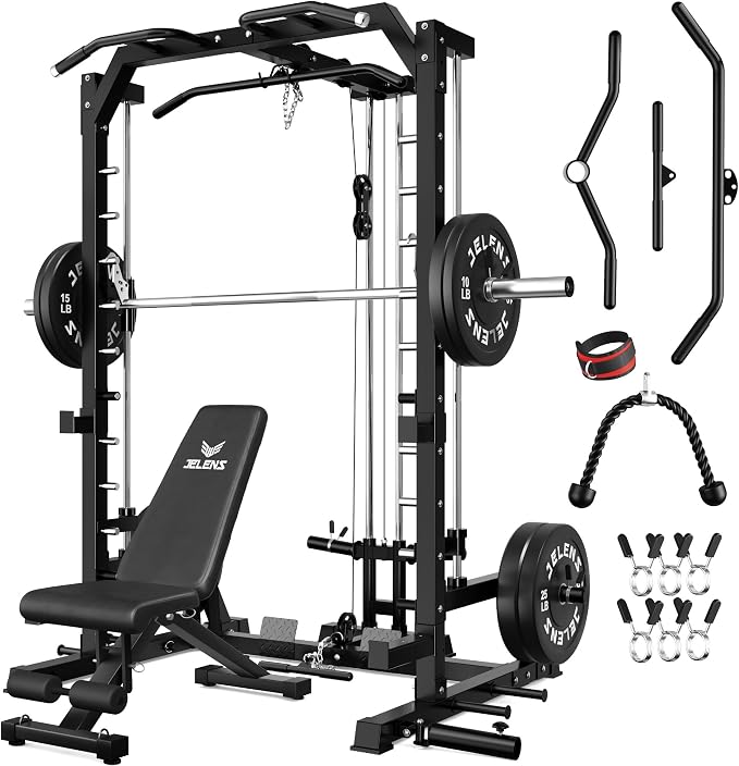 SR01 Smith Machine, 2000LBS Multi-Function Power Cage with LAT Pulldown System, All-in-One Home Gym Squat Rack with Smith Bar and Training Attachments for Full Body Workouts