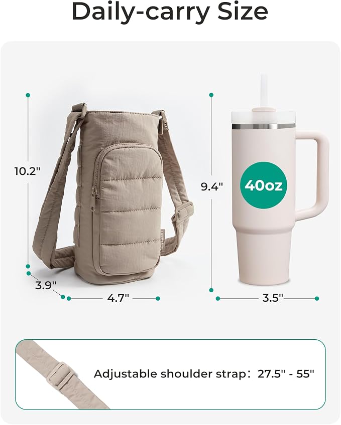 BAGSMART 40oz Water Bottle Holder with Strap, Quilted Gym Accessories | Magnetic or Classic Design, Lightweiht Tumbler Drink Carrier, Quilted Crossbody Purse