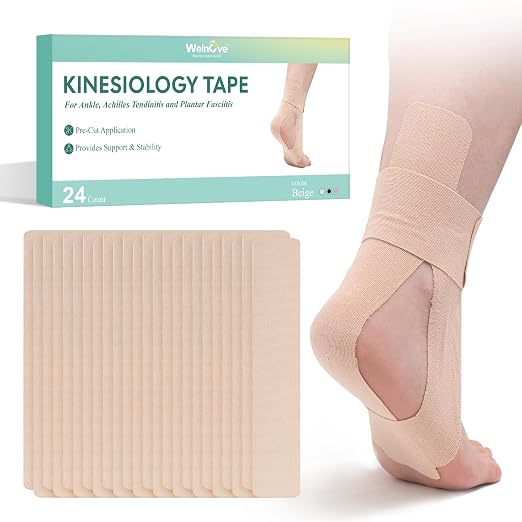 Welnove Kinesiology Tape, 24 Precut Ankle Tape, Provide Support for Ankle Ligament, Stability to The Target Area, Breathable K Tape for Daily use - Beige