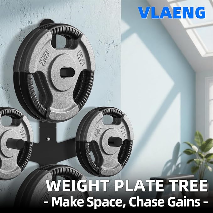 Wall Mounted Weight Plate Rack, 6 Pegs & 4 Barbell Storage Rack, 1190 LBS Capacity Weight Plate Holder, Wall Mounted Bumper Plate Storage for Home Garage Gym, Fit 2" Olympic, Rubber Protection Pads