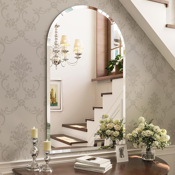 Frameless Bathroom Mirror, 28" x 40" Arched Beveled Frameless Mirror, Arch Wall Mounted Vanity Bathroom Mirror for Over Sink, Living Room, Bedroom, Entryway