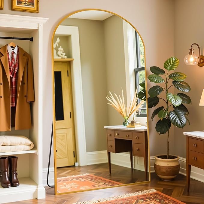 Full Length Mirror, 76"x44" Arched Full Body Mirror, Floor Mirrors with Stand, Body Mirrors Standing Hanging Leaning Against Wall,Aluminum Frame Mirrors for Bedroom Cloakroom,Living Room,Gold