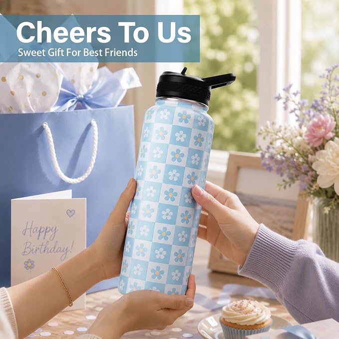 DYSANKY Water Bottle Gift– Insulated Stainless Steel Bottle with Carrier Bag, Strap & Gift Box – BPA-Free – Ideal for Hiking, Camping & Travel - Blue Plaid Flower 40 oz
