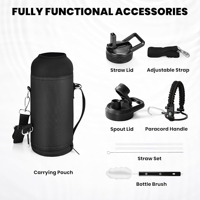 RAYMYLO Insulated Water Bottle 32 oz, Triple Wall Vacuum Stainless Steel | (Cold for 24Hrs, Hot for 12Hrs), Leak Proof & Non-BPA, Modern Water Flask Jug with Paracord Handle & Straw Spout Lids