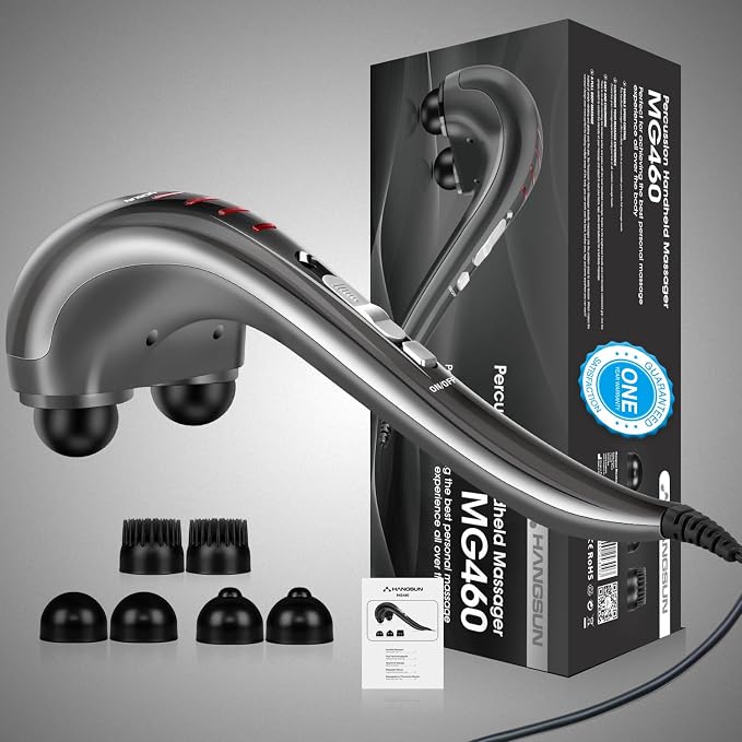 HANGSUN Handheld Back Massager for Pain Relief, Electric Double Head Percussion for Neck, Shoulder, Leg, Foot, Body Muscle Relaxation, Deep Tissue Massager MG460, Corded, 2.3 lbs, Metallic Gray