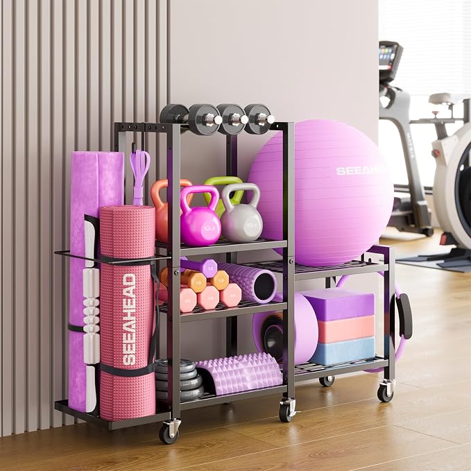 6Tier Rolling Home Gym Storage, Multi-Purpose Dumbbell Weight Rack | 6-Tier Rolling Cart Stores Dumbbells, Yoga Mats and Workout Gear; Wheels Make Home Gym Organization Clean, Tidy and Mobile