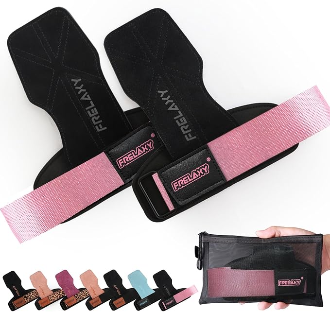 Frelaxy Lifting Wrist Straps for Women and Men, Weight Lifting Grips | Double-layer leather, Cushioned wrist support, Durable construction, Storage pouch, Deadlifts, rows, lat pulldowns