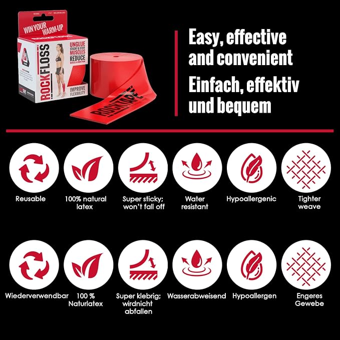 Rocktape RockFloss Tack Mobility Band, Compression Muscle Recovery, Floss for Muscle Soreness, 2" & 4" Width, Red