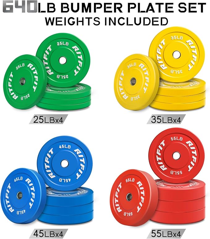 RitFit Color Coded Bumper Plate, Olympic Bumper Plate for Barbell, 2-Inch Bumper Weight Plates With Steel Insert, rubber weight plates for Strength Training in Home Gym