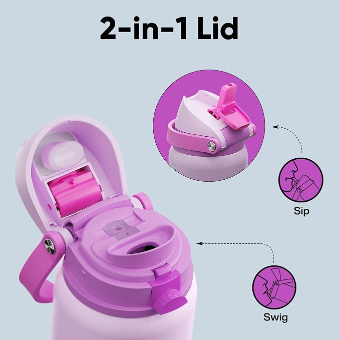 Insulated Water Bottle with Straw - Encool Stainless Steel Water Bottle with Push Button Lid, Leak-Proof & BPA-Free, Keeps Cold for 24 Hours for Sports, Travel, Gym (32 oz, Thistle-Fuchsia)