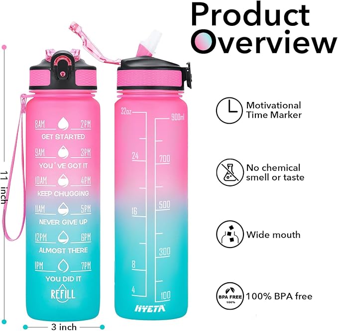 Hyeta Water Bottle with Straw & Time Marker, Plastic 32oz Leakproof | Motivational Tritan BPA Free Gym Office Outdoor Intake Tracker Hourly Reminder Straw Lid Carry Strap
