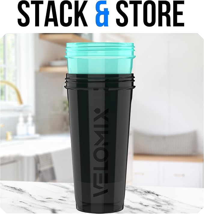VELOMIX 2 Pack 28oz Protein Shaker Bottle, Black/Turquoise | 2x Wire Whisk, Leak Proof Shaker Cups for Protein Shakes, Stackable, Dishwasher safe, BPA free, Pre Workout and Fitness ready