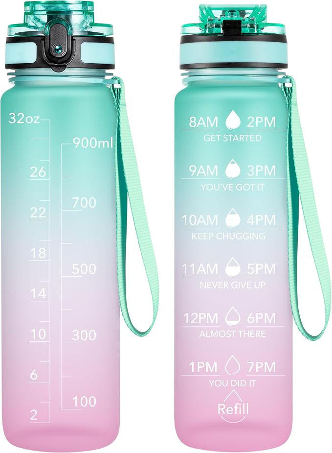 OLDLEY Water Bottle, 32oz Motivational Sports Water Bottle with Time Marker - Times to Drink - Tritan, BPA Free, Wide Mouth Leakproof,Bubble Gum