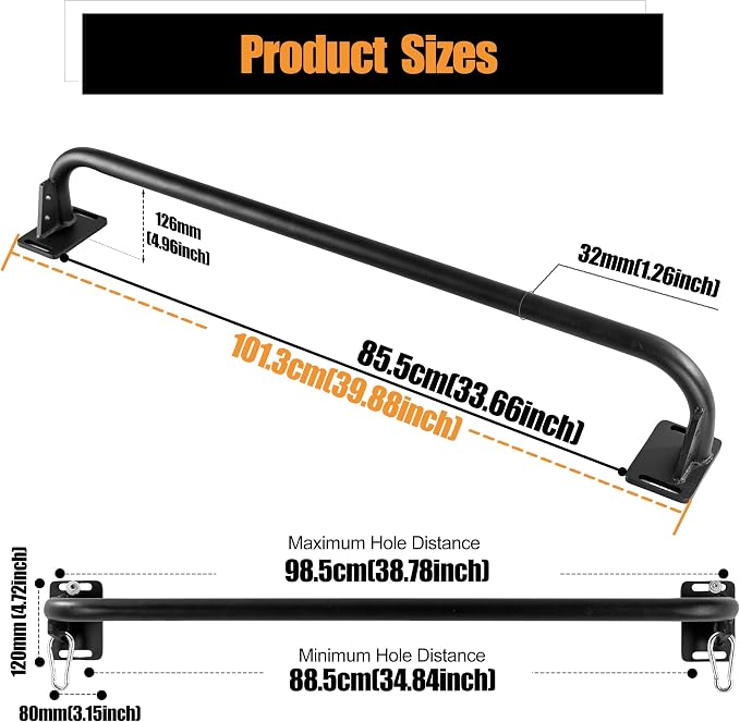 Wall Mounted Pull Up Bar, Carbon Steel Doorway Chin Up Bar for Home Gym | Reinforced plate supports fit joists and studs, creating a stable space-saving upper-body strength training station.