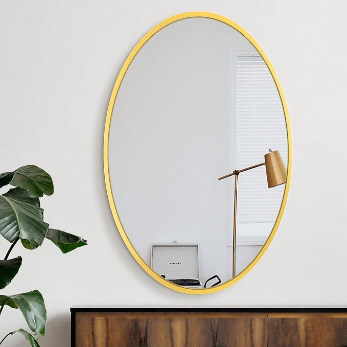 Oval Bathroom Vanity Mirror for Wall, 38''x26'' Gold Oval Bathroom Mirror for Over Sink, Bedroom, Living Room, Entryway, HD Tempered Glass, Wall Mounted Horizontally or Vertically