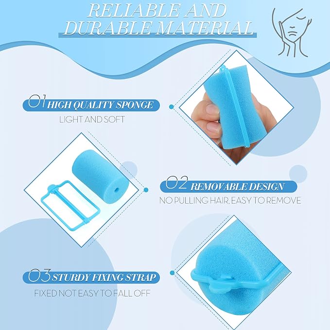 Geyoga 18 Pieces Blue Foam Hair Rollers Large Hair Curlers Sponge Rollers for Heatles to Sleep in a Curl for Women's Short and Long Hairs Styling (1.4 x 2.6 Inches)