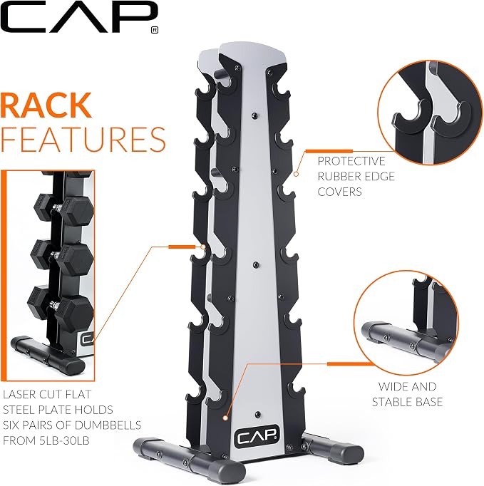 CAP Rubber Coated Hex Dumbbell Set with Storage Rack | 100–210 lb Options, Space-Saving Vertical Compact Storage for Home Gym Strength Training