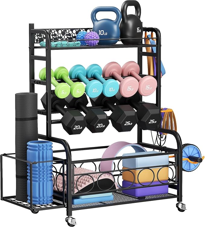 VOPEAK 3-Tier Dumbbell Rack with Wheels, Weight Rack for Home Gym Storage | Stores dumbbells, kettlebells & yoga mats. Lockable wheels for mobility. Sturdy steel frame, easy 15-min assembly
