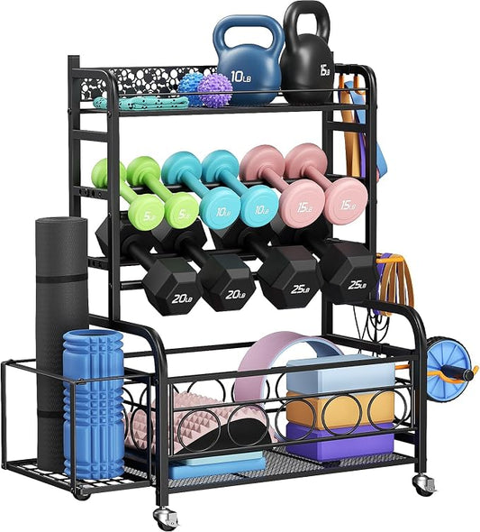 VOPEAK 3-Tier Dumbbell Rack with Wheels, Weight Rack for Home Gym Storage | Stores dumbbells, kettlebells & yoga mats. Lockable wheels for mobility. Sturdy steel frame, easy 15-min assembly