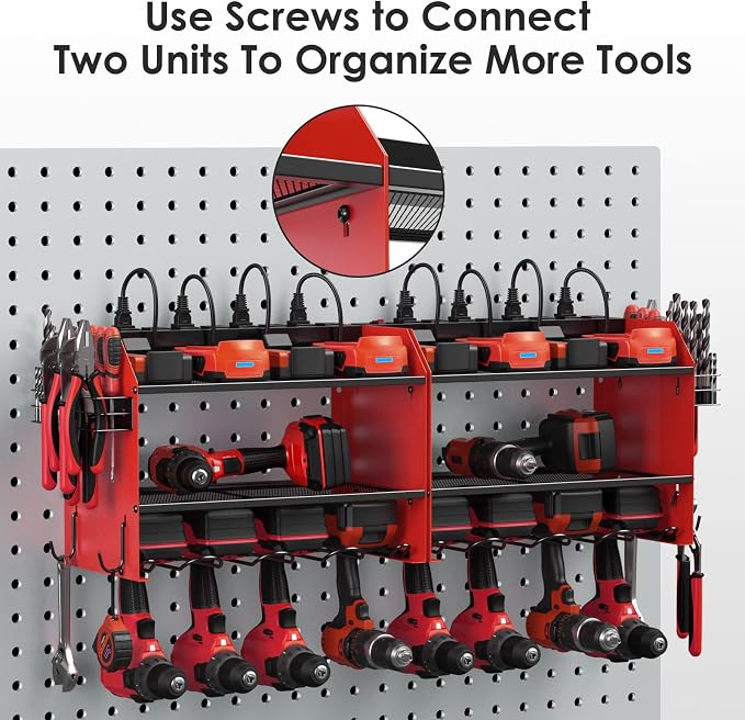 CCCEI Wall Mount Modular Tool Charging Organizer, Red, 1 Pack, 3 Tier. | Drill Battery Storage Rack with Hooks, Garage Workshop, Gifts for Men, Dad, Husband Anniversary, Birthday, Christmas