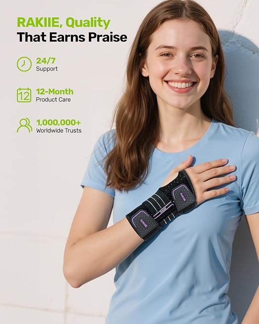 Rakiie 2 Pack Carpal Tunnel Wrist Braces, Adjustable Wrist Support Splint for Night Sleep & Daytime Working, Hand Braces Pain Relief for Arthritis, Typing, Pregnancy, Men Women (Purple, L)