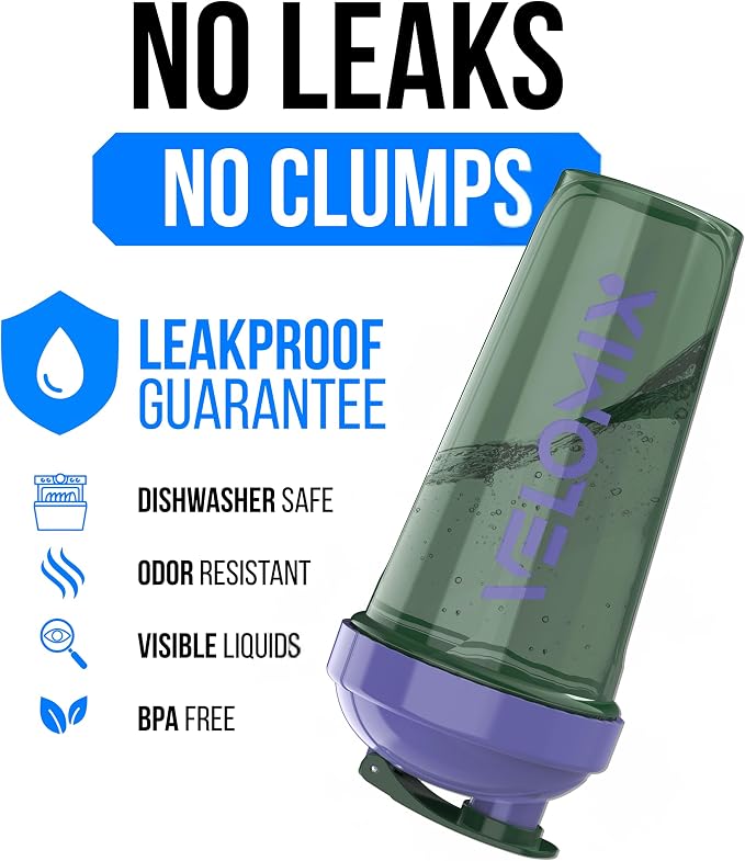 VELOMIX 2 Pack 28oz Protein Shaker Bottle for Protein Mixes, Green/Purple | 2x Wire Whisk, Leak Proof Shaker Cups for Protein Shakes, Stackable, Dishwasher safe, BPA free, Pre Workout and Fitness ready