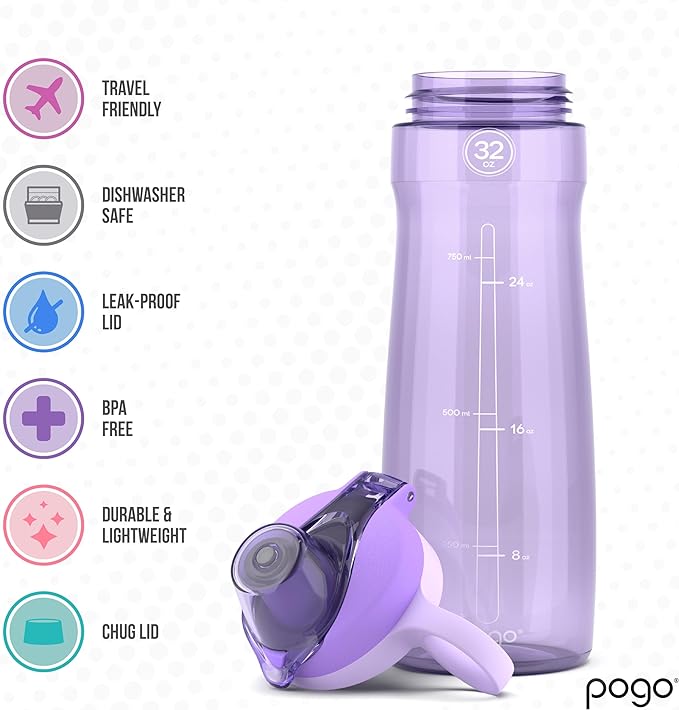 Pogo 32oz Plastic Water Bottle with Chug Lid and Carry Loop, Lilac | Leakproof water bottle with chug lid and carry handle. BPA-free, great for travel, school, outdoors, and gym.