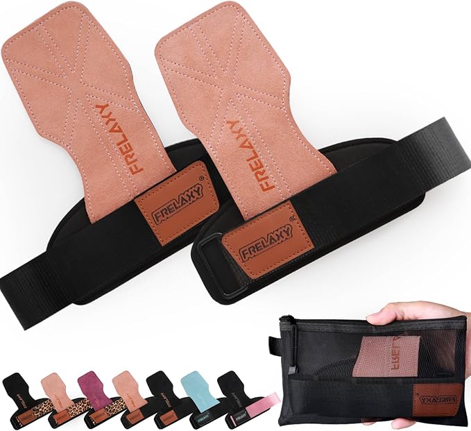 Frelaxy Lifting Wrist Straps for Women and Men, Weight Lifting Grips | Double-layer leather, Cushioned wrist support, Durable construction, Storage pouch, Deadlifts, rows, lat pulldowns