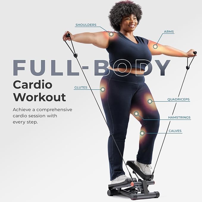Sunny Health & Fitness Mini Stair Stepper w/Resistance Bands for Home Gym | Full Body Cardio, Adjustable Step Height, Hydraulic Resistance, LCD Meter, No Assembly, 300 lb Capacity, SunnyFit App
