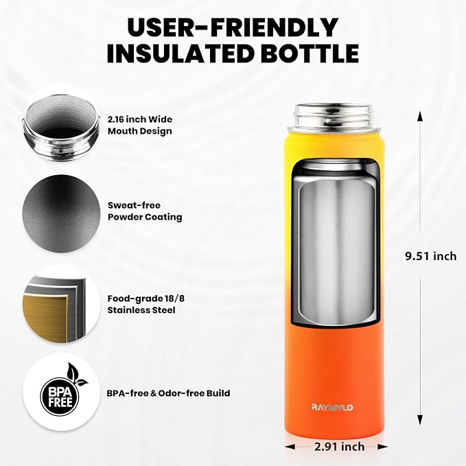 RAYMYLO Insulated Water Bottle 20 oz, Triple Wall Vacuum Stainless Steel | (Cold for 24Hrs, Hot for 12Hrs), Leak Proof & Non-BPA, Modern Water Bottle Jug for School with Straw Spout Lids