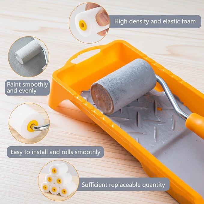 Mister Rui Mini Foam Paint Roller Kit, 2 Inch Paint Tray with Liner 20 Pack | Small Paint Rollers with Tray Disposable liners, Foam Roller Paint Brushes, Tape, Drop Cloth for Painting, Trim, Touch-ups