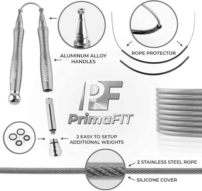 PrimaFIT Pro Speed Jump Rope for Adults, Weighted Skipping Rope for Boxing | Adjustable Jumping Rope for Fitness Workout & CrossFit Exercise, Double Unders, Handle Weights, 3m Cables 2 Protectors, Bag