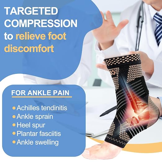 LISEPWU Copper Ankle Brace with Adjustable Compression Bandage, Ankle Support Compression Sleeve for Men & Women, for Foot Pain, Sprained Recovery, Achilles Tendonitis, Sports Protection(Black XL)